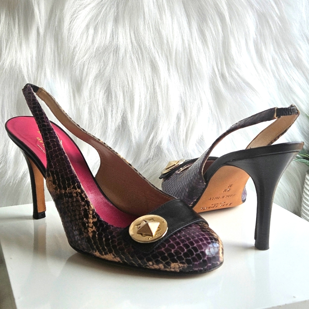 Kate Spade New York Slingback Heels – Size 6.5 Snakeskin Print Gold Stud Detail